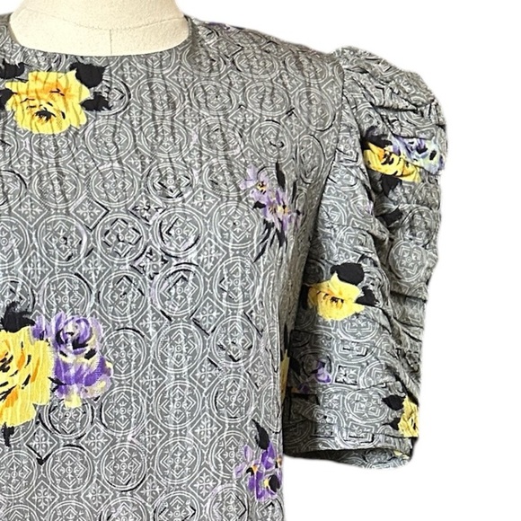 Vintage Rickie Freeman for Teri Jon 100% Silk Grey Puff Sleeve Floral Dress - Picture 6 of 6